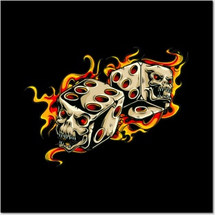 Grinning skull dice and flames Posters and Art